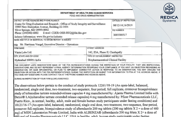 FDA 483 - VIMTA LABS LIMITED [Secunderabad / India] - Download PDF - Redica Systems