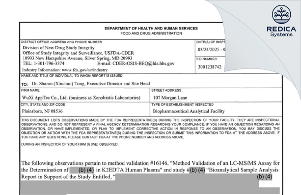 FDA 483 - Xenobiotic Laboratories, Inc. [Plainsboro / United States of America] - Download PDF - Redica Systems