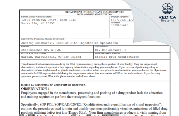 FDA 483 - STERISCIENCE SP Z O O [Warszawa / Poland] - Download PDF - Redica Systems