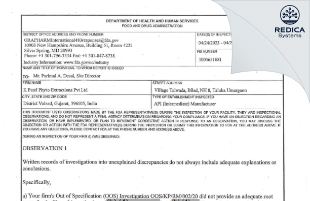 FDA 483 - K PATEL PHYTO EXTRACTIONS PRIVATE LIMITED [Umbergaon / India] - Download PDF - Redica Systems