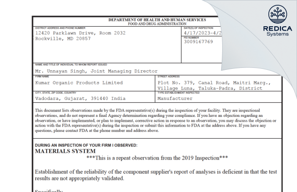 FDA 483 - Kumar Organic Products Limited [Padra / India] - Download PDF - Redica Systems