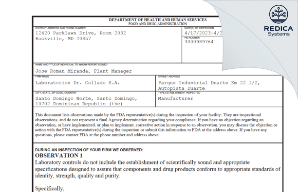 FDA 483 - Laboratorios Dr. Collado, S.A. [Santo Domingo / Dominican Republic] - Download PDF - Redica Systems