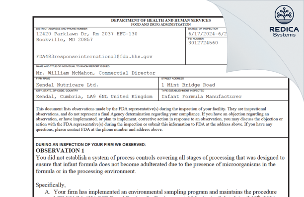 FDA 483 - Kendal Nutricare Ltd. [Kendal / United Kingdom of Great Britain and Northern Ireland] - Download PDF - Redica Systems