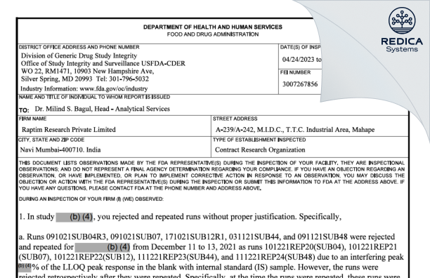 FDA 483 - Raptim Research Private Limited [Navi Mumbai / India] - Download PDF - Redica Systems