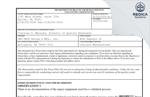 FDA 483 - PRO-TECH Design & Mfg., Inc. [Arlington / United States of America] - Download PDF - Redica Systems