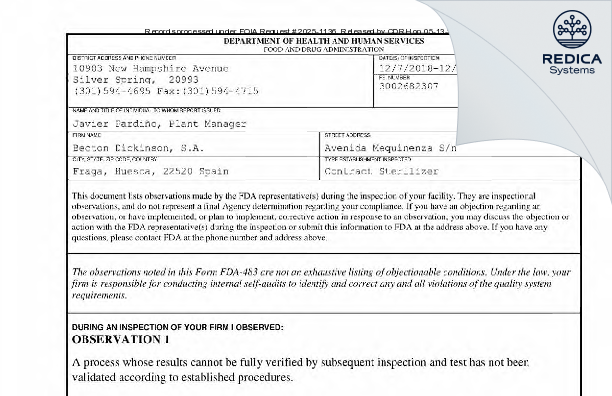FDA 483 - Becton Dickinson, S.A. [Fraga / Spain] - Download PDF - Redica Systems