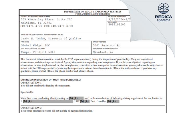 FDA 483 - Global Widget LLC [Tampa / United States of America] - Download PDF - Redica Systems