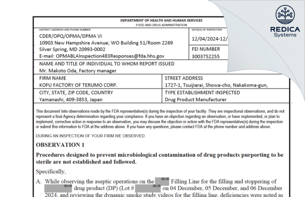 FDA 483 - TERUMO CORPORATION [Tsuijiarai / Japan] - Download PDF - Redica Systems