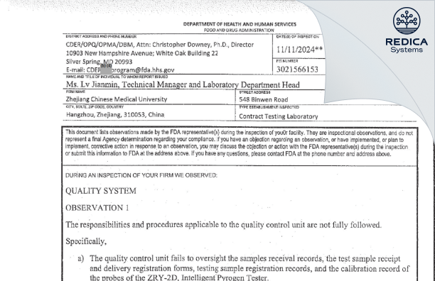 FDA 483 - Zhejiang Chinese Medical University [Binjiang / China] - Download PDF - Redica Systems