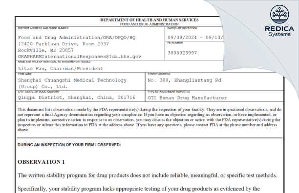 FDA 483 - Shanghai Chuangshi Medical Technology (Group) Co., Ltd. [Qingpu / China] - Download PDF - Redica Systems
