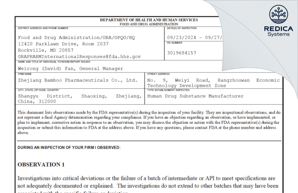 FDA 483 - Zhejiang Bamboo Pharmaceuticals Co.,Ltd [Shaoxing / China] - Download PDF - Redica Systems
