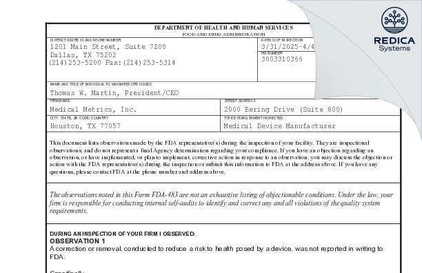 FDA 483 - Medical Metrics, Inc. [Houston / United States of America] - Download PDF - Redica Systems