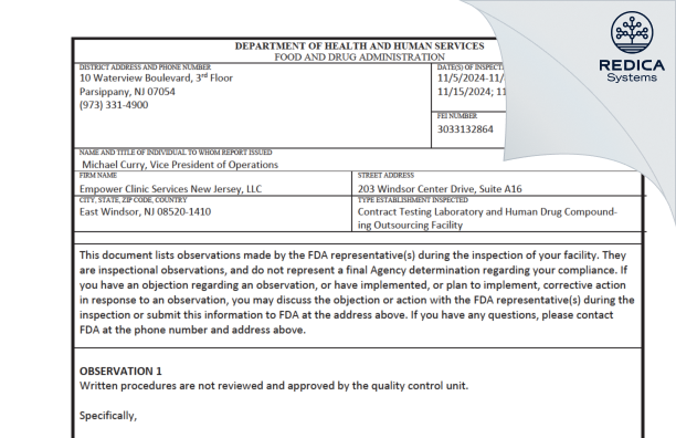 FDA 483 - Empower Clinic Services New Jersey, LLC [East Windsor / United States of America] - Download PDF - Redica Systems
