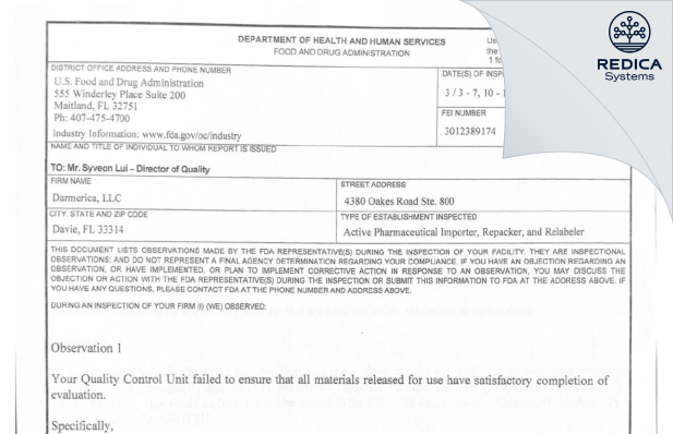 FDA 483 - DARMERICA, LLC [Davie / United States of America] - Download PDF - Redica Systems