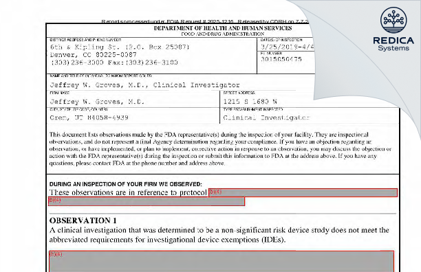 FDA 483 - Jeffrey W. Groves, M.D. [Orem / United States of America] - Download PDF - Redica Systems