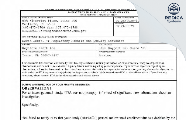 FDA 483 - Keystone Heart Ltd [Tampa / United States of America] - Download PDF - Redica Systems