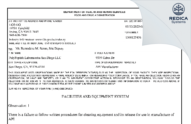 FDA 483 - Polypeptide Laboratories San Diego, LLC [San Diego / United States of America] - Download PDF - Redica Systems