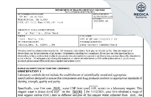 FDA 483 - Tedor Pharma Inc. [Cumberland / United States of America] - Download PDF - Redica Systems