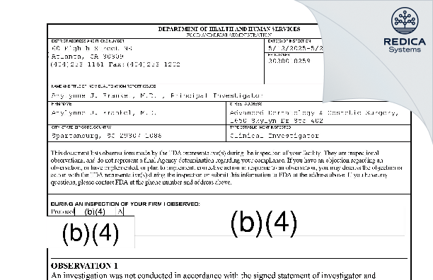 FDA 483 - Amylynne J. Frankel, M.D. [Spartanburg / United States of America] - Download PDF - Redica Systems