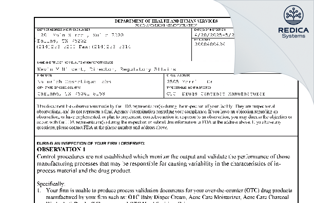 FDA 483 - Naturich Cosmetique Labs [Garland / United States of America] - Download PDF - Redica Systems