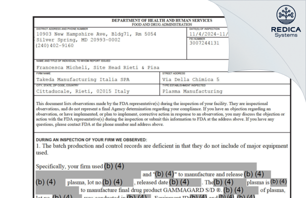 FDA 483 - Takeda Manufacturing Italia SPA [Cittaducale / Italy] - Download PDF - Redica Systems
