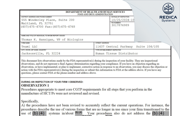 FDA 483 - Team1 LLC [Jacksonville / United States of America] - Download PDF - Redica Systems