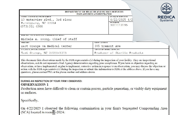 FDA 483 - East Orange VA Medical Center [East Orange / United States of America] - Download PDF - Redica Systems