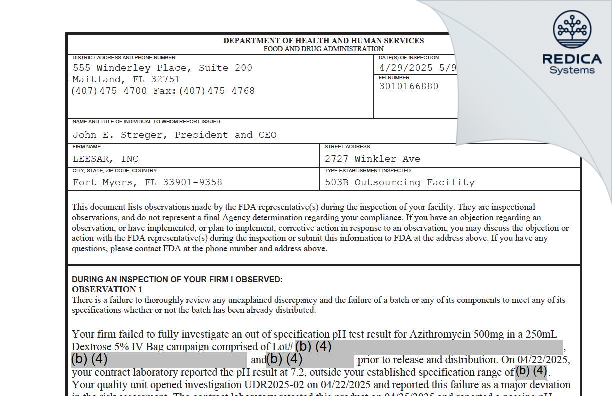 FDA 483 - LEESAR, INC [Fort Myers / United States of America] - Download PDF - Redica Systems