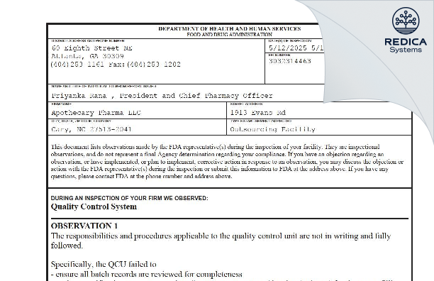 FDA 483 - Apothecary Pharma LLC [Cary / United States of America] - Download PDF - Redica Systems