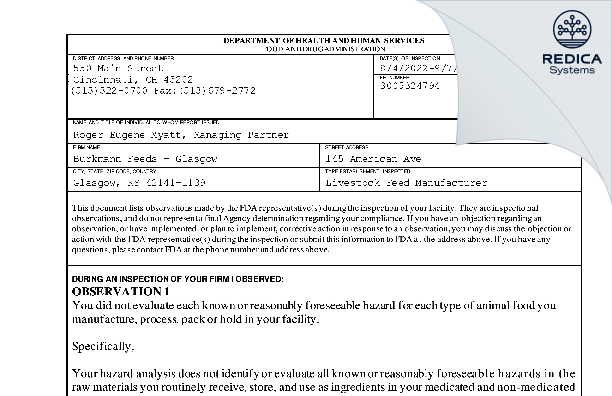 FDA 483 - Burkmann Feeds - Glasgow [Glasgow / United States of America] - Download PDF - Redica Systems
