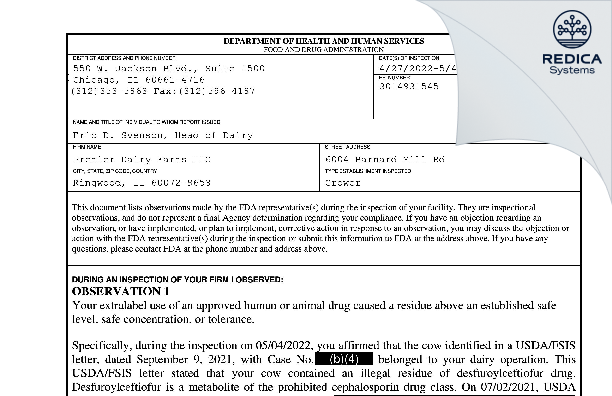 FDA 483 - Premier Dairy Farms LLC [Ringwood / United States of America] - Download PDF - Redica Systems