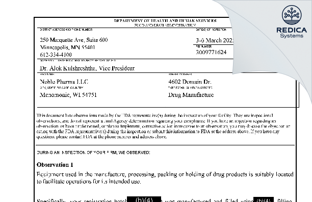 FDA 483 - Noble Pharma, LLC [Menomonie / United States of America] - Download PDF - Redica Systems