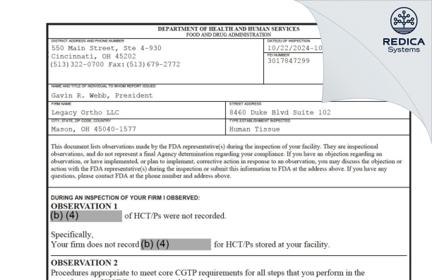 FDA 483 - Legacy Ortho LLC [Mason / United States of America] - Download PDF - Redica Systems