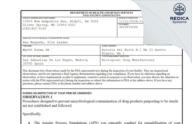 FDA 483 - Wyeth Farma SA [San Sebastián De Los Reyes / Spain] - Download PDF - Redica Systems