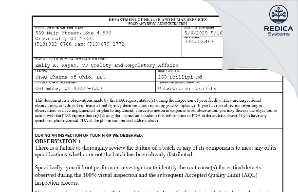 FDA 483 - STAQ Pharma of Ohio, LLC [Columbus / United States of America] - Download PDF - Redica Systems