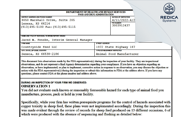 FDA 483 - Countryside Feed LLC [Seneca / United States of America] - Download PDF - Redica Systems