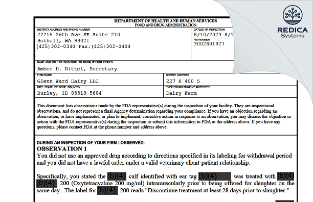 FDA 483 - Glenn Ward Dairy LLC [Burley / United States of America] - Download PDF - Redica Systems