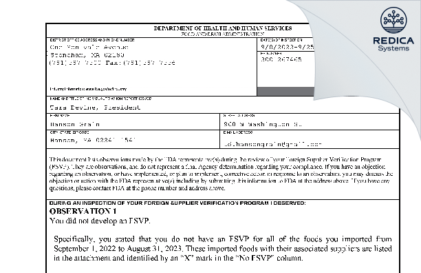 FDA 483 - Hanson Grain [Hanson / United States of America] - Download PDF - Redica Systems