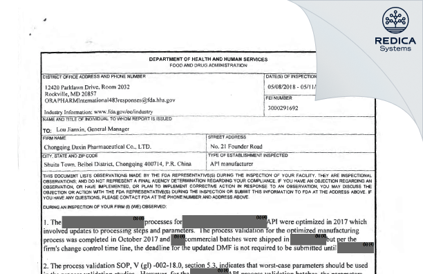 FDA 483 - Chongqing Daxin Pharmaceutical Co., Ltd. [Shuitu / China] - Download PDF - Redica Systems