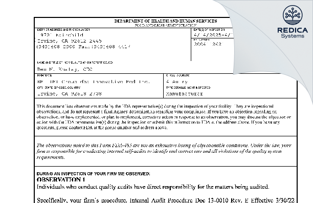 FDA 483 - Innovative Med Inc. [Irvine / United States of America] - Download PDF - Redica Systems