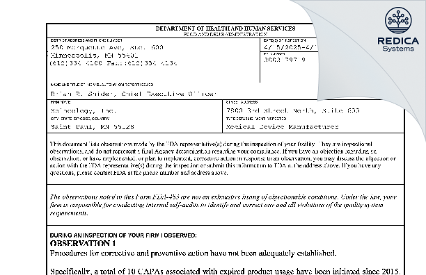 FDA 483 - Spineology, Inc. [Saint Paul / United States of America] - Download PDF - Redica Systems