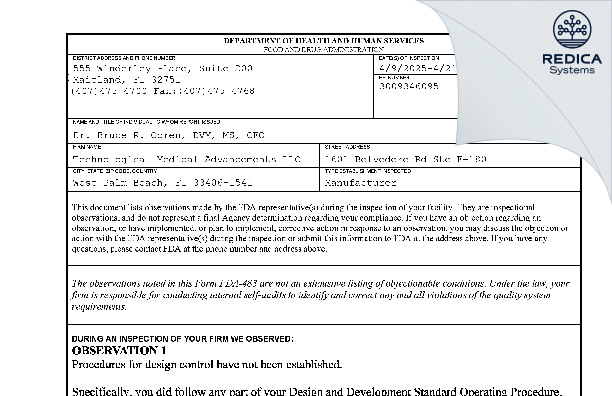 FDA 483 - Technological Medical Advancements LLC [West Palm Beach / United States of America] - Download PDF - Redica Systems