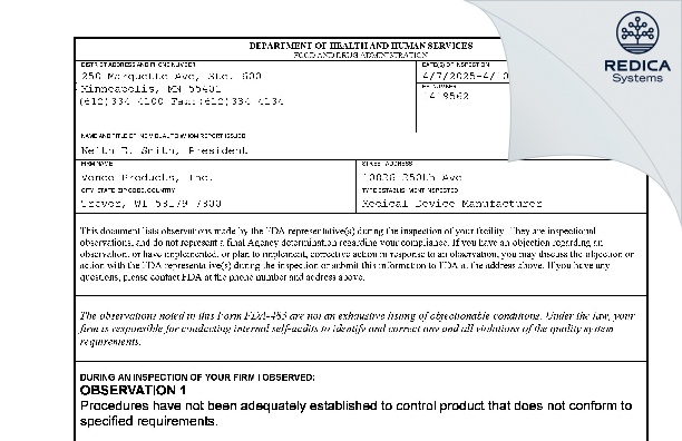 FDA 483 - Vonco Products, Inc. [Trevor / United States of America] - Download PDF - Redica Systems