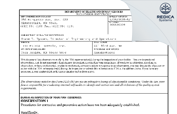 FDA 483 - LISI MEDICAL Remmele, Inc [Minneapolis / United States of America] - Download PDF - Redica Systems