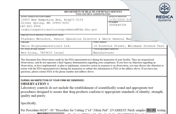 FDA 483 - Omrix Biopharmaceuticals Ltd [Rehovot / Israel] - Download PDF - Redica Systems