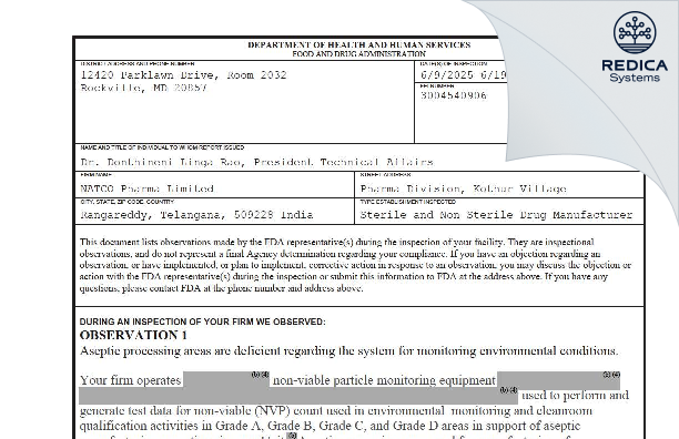 FDA 483 - NATCO PHARMA LIMITED [Kothur / India] - Download PDF - Redica Systems