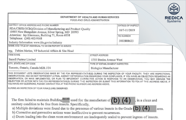 FDA 483 - Sanofi Pasteur Limited [Thornhill / Canada] - Download PDF - Redica Systems