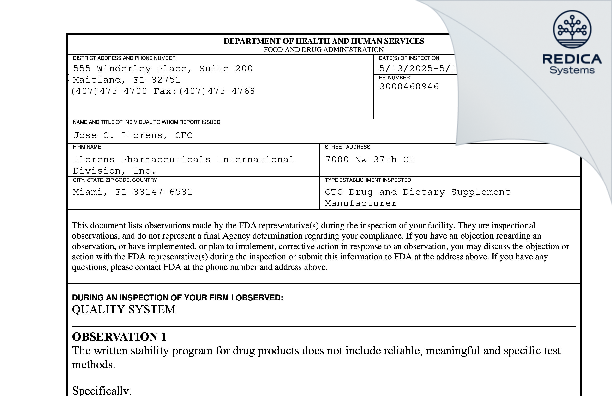 FDA 483 - Llorens Pharmaceutical International Division, Inc. [Miami / United States of America] - Download PDF - Redica Systems