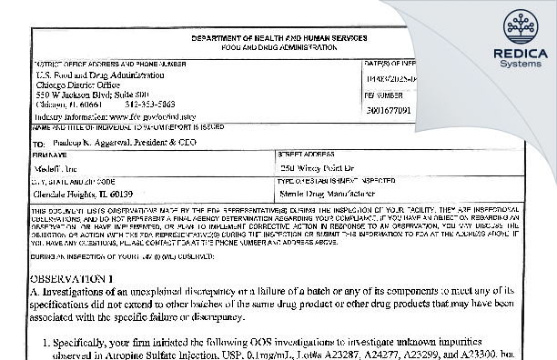 FDA 483 - Medefil, Inc. [Glendale Heights / United States of America] - Download PDF - Redica Systems