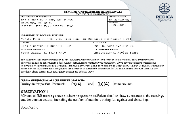 FDA 483 - Larkin Community Hospital IRB [South Miami / United States of America] - Download PDF - Redica Systems